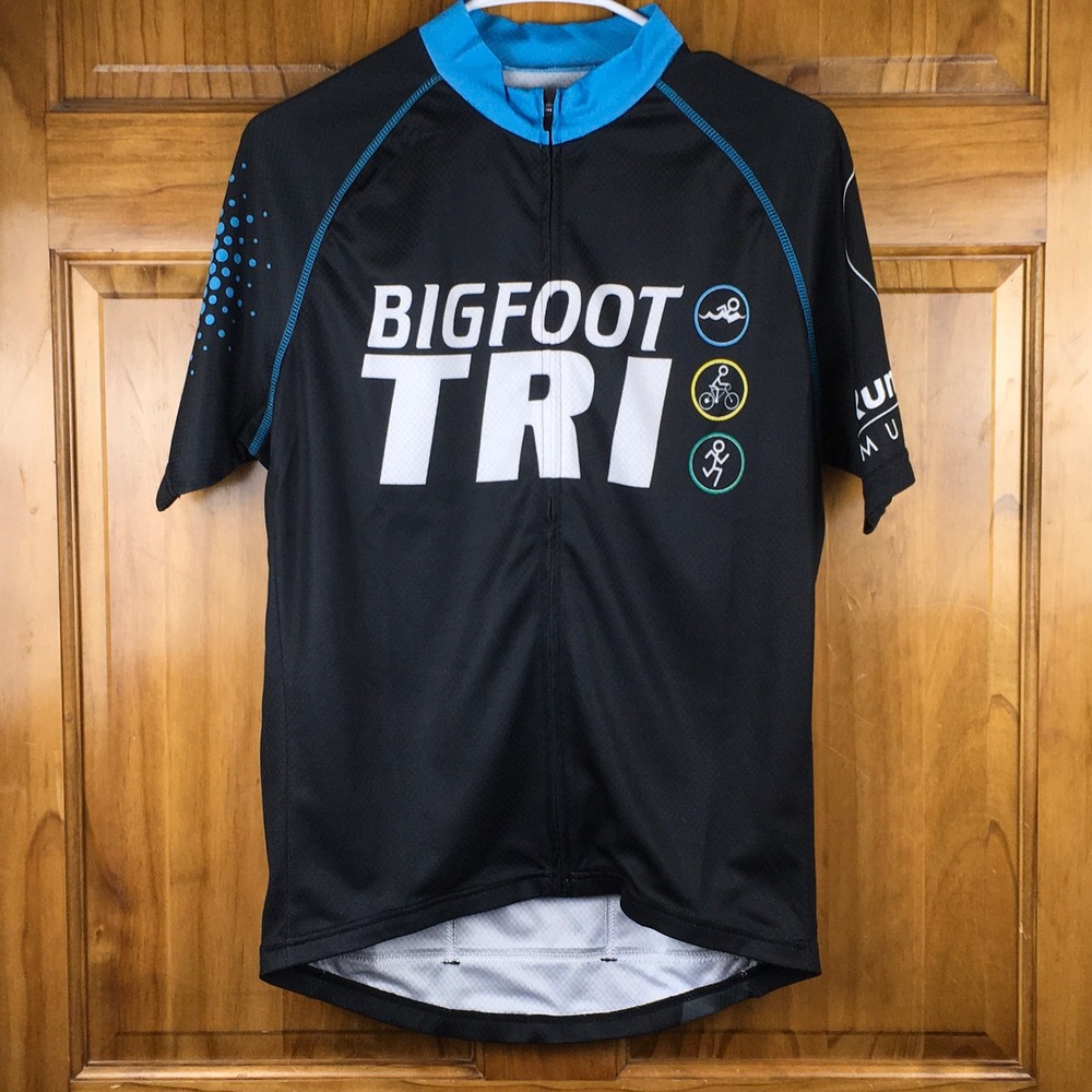 RAM Racing Bigfoot Triathalon Mens L Black Blue Short Sleeve Zip Training Gear